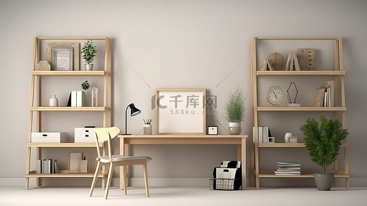 带工作台书架植物框架和别致椅子的时尚家庭办公室的 3d 插图