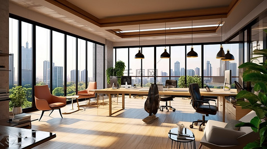 现代联合办公空间配有时尚的家具全景城市景观窗户和高耸的开放式天花板