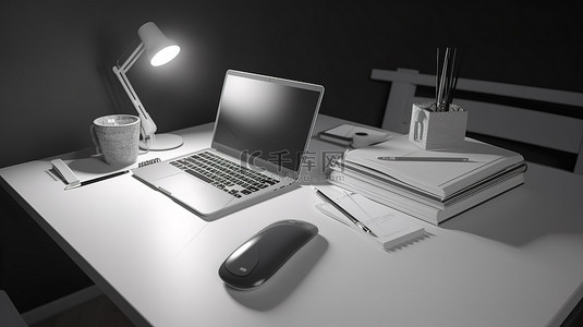 3d 渲染办公桌中的现代笔记本电脑模型