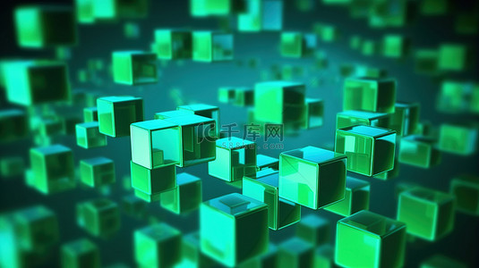 科技公司霓虹蓝色背景与飞行绿光立方体的抽象 3D 渲染