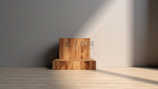 房间内背景图片_现代木质讲台位于时尚的灰色房间内，墙壁上投射的阴影引人注目，3D 渲染