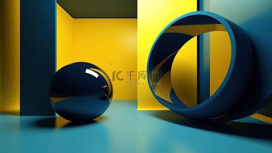 方形框简约背景图片_简约的蓝色和黄色抽象概念 3d 渲染