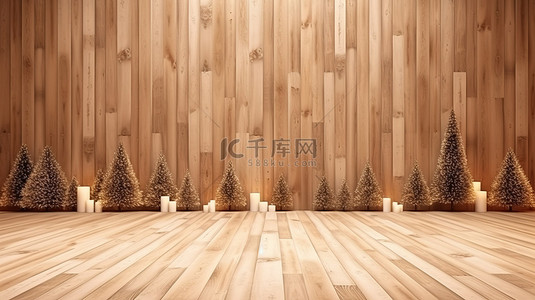 3D 渲染的圣诞树墙 d cor 在木质室内模板中