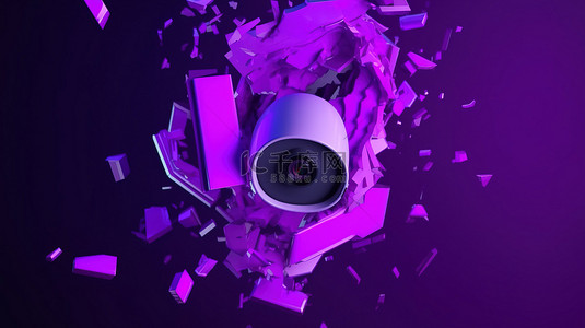 粮仓监控系统背景图片_充满活力的霓虹紫色 3D 渲染中破碎的闭路电视摄像机