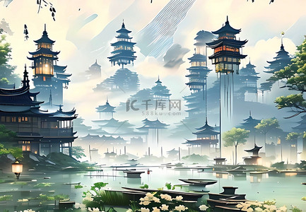 七夕节背景图片_湖泊中国风插画