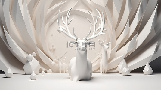 驯背景图片_几何驯鹿角和锥形形状的白色场景抽象 3d 渲染