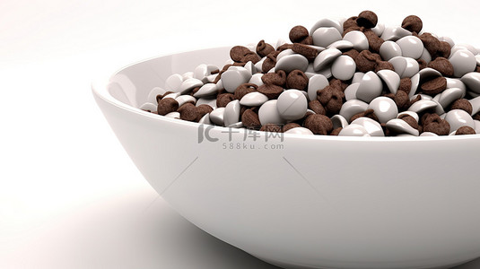 装满巧克力片的白色瓷碗的 3d 插图