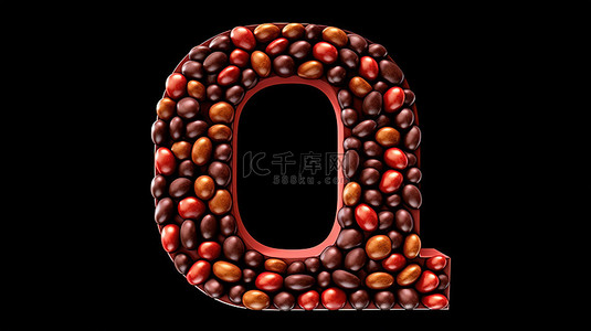 字母 q 的 3d 插图与巧克力涂层豆糖