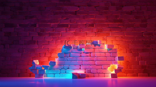 带霓虹灯水平突破的抹灰砖墙的 3D 插图