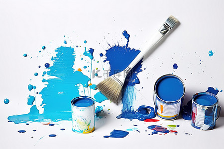 刷蓝色背景图片_油漆罐油漆刷污点油漆颜色飞溅和杯子