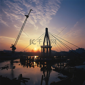 水产基地背景图片_桥上的日落，基地的建筑工人