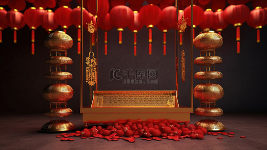 中国新年讲台装饰着 3D 渲染的悬挂灯笼和掉落的金锭