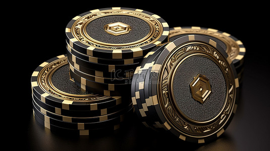 黑色和金色赌场筹码，在深色背景中以 3d 形式呈现钻石镶嵌物