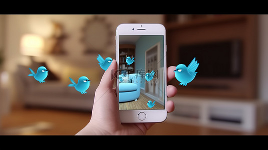 在未来派客厅 3D 渲染中，可爱的双手紧握智能手机上的 Twitter 图标