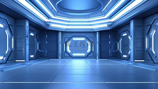 时尚宽敞的未来派大厅，深蓝色工作室房间 3d 渲染中带有发光的蓝色灯光