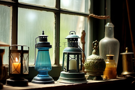 灯传统背景图片_窗台上的旧灯蜡烛和其他装饰品