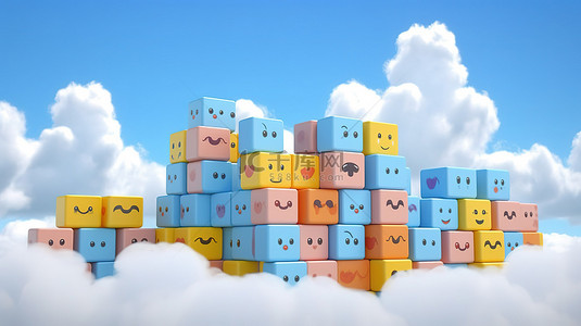 天蓝色背景下儿童积木的有趣 3D 渲染云