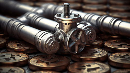 金属管道和形状像美元符号的阀门的 3D 渲染，描绘了危机中的石油经济
