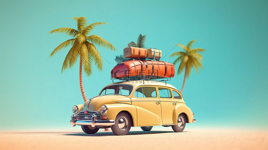 非传统的夏季旅行 3D 插图，展示了一辆古怪的老式汽车，配有冲浪板手提箱和棕榈树，非常适合有趣的假期