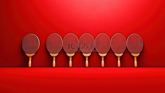 游戏商店背景背景图片_红色背景上的乒乓球乒乓球拍 3D 插图，具有五个球拍和空间，非常适合团队概念