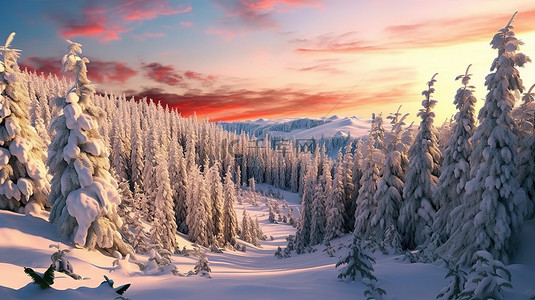 迷人的滑雪场在日落时在 3D 艺术中蜿蜒穿过云杉森林