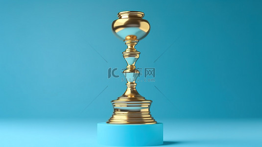 楼梯设计上的第一名奖杯 3d 渲染在蓝色背景上隔离的金色