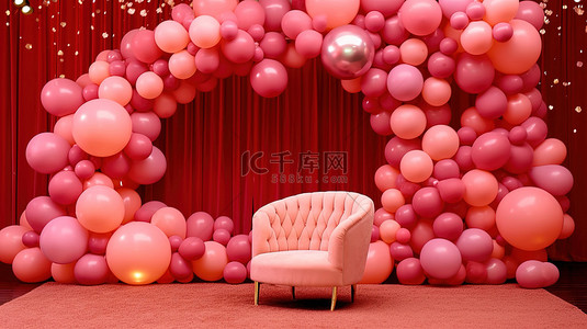 舞台气球背景图片_生日舞台 3D 粉色豪华气球装饰