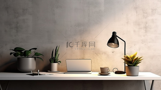 电脑桌工作台背景图片_3D 渲染中配有笔记本电脑植物台灯咖啡杯和混凝土墙的工作区
