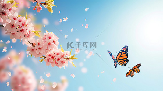 粉红色樱花和飞翔的蝴蝶背景图片