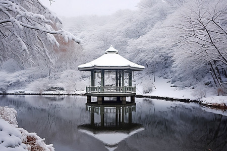 花桥背景图片_雪中​​一座有木制凉亭的桥