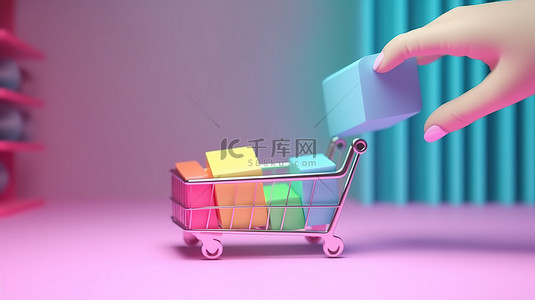 产品上市背景图片_将产品添加到购物车并手动付款的在线购物 3D 渲染