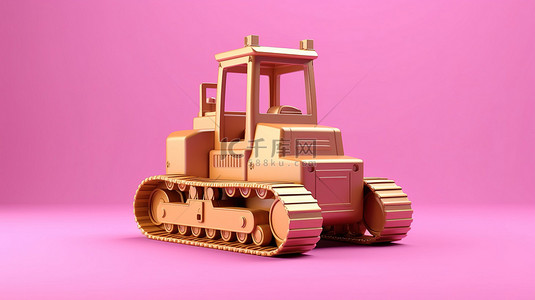 粉红色背景下的巨型粉红色和金色推土机 3D 渲染