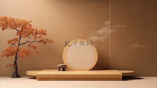 球员背景图片_用于产品演示的日本风格棕色讲台的 3D 渲染插图