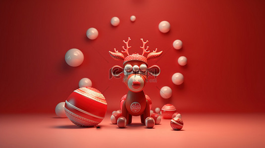 抽象驯鹿圣诞玩具的 3D 插图，带有横幅复制空间