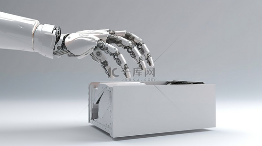 孤立的白色背景展示了由 3D 渲染的机器人或机器人手拿着的空盒子