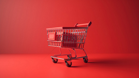 在线购物使带有红色背景纸板箱的购物车的 3D 渲染变得简单