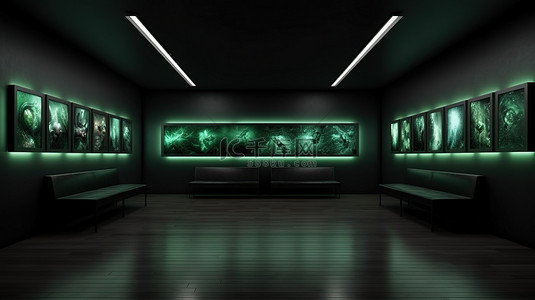 当代艺术空间以深色墙壁和绿色照明上的 nft 艺术为特色