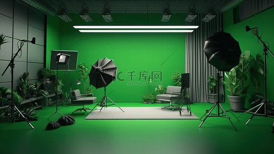看灯背景图片_绿屏工作室从上面看，带有 3D 描绘的灯箱和柔光箱