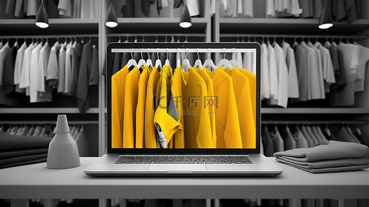 黄色服装背景背景图片_带笔记本电脑屏幕显示的单色黄色衣架的 3D 渲染