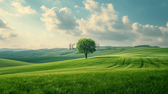 春日绿色背景图片_春天田野风景山坡上的一棵树壁纸背景图片