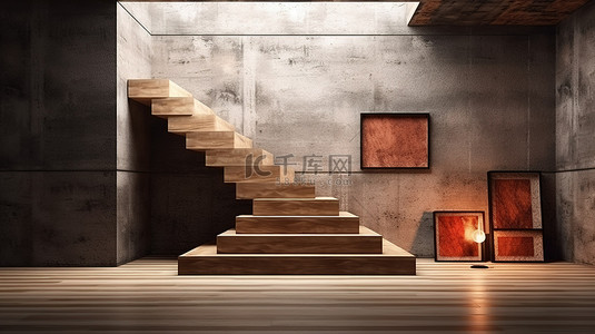 价格公示牌背景图片_当代地下设计，带楼梯和木制画廊墙上空置的展示区商业 3D 渲染