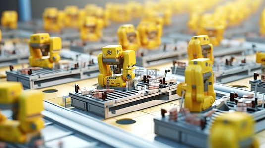 工业流水线背景图片_由 3D 渲染控制的工厂流水线微型机器人