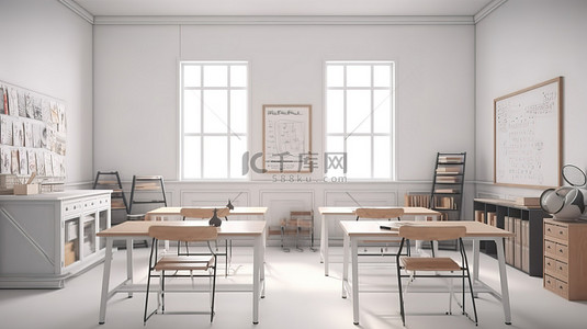 前面 3d 课桌和白色屏幕模型的教室室内设计