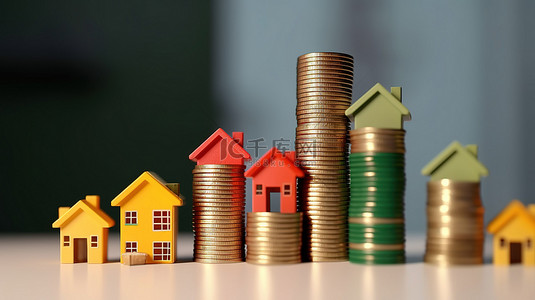 充满活力的小房子坐落在一堆硬币上，以 3D 渲染描绘财产和金融主题