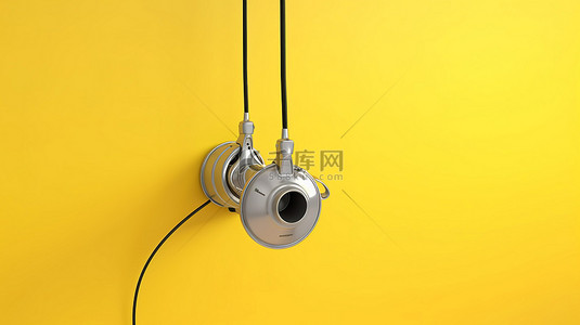 黄色怀旧背景图片_黄色背景，带有从电缆横幅上悬挂的老式灰色电话耳机的 3D 渲染