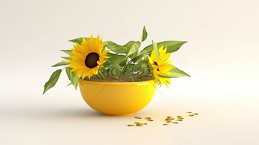 太阳太阳花背景图片_碗或盆中向日葵的 3D 插图