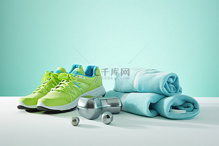 运动器材背景图片_运动器材，包括鞋巾和一对哑铃