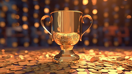冠军杯背景图片_冠军的宝藏一个闪闪发光的杯子，里面装满了硬币 3d 渲染