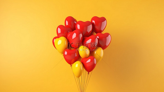 黄色快乐背景图片_充满活力的红色气球心聚集在阳光明媚的黄色墙壁上 3d 渲染