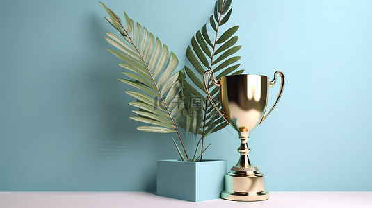 浅蓝色背景上的 3D 渲染父亲节奖杯和棕榈叶装饰